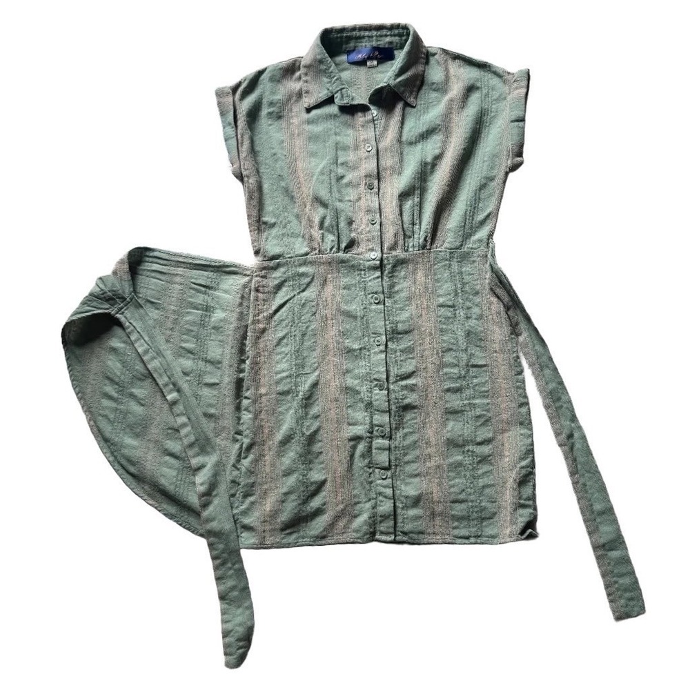 Sage Green Striped Wrap Tie Waist Button Front Dress XS Cottagecore Travel Linen - Picture 5 of 10